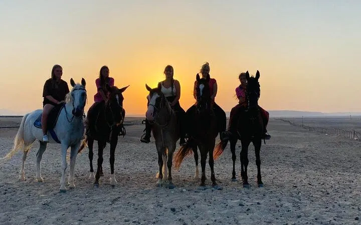 Horseback riders at sunrise in Hurghada desert near Red Sea.