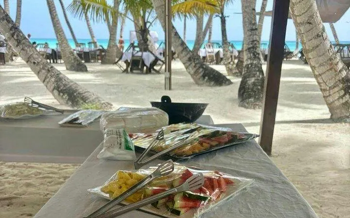 Beachside lunch setup with fruit platters under palm trees on Saona Island, Punta Cana.