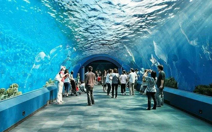 Visitors walking through an underwater tunnel at Underwater World Pattaya, Thailand.