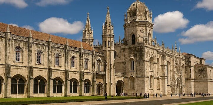 Jeronimos Monastery in Belém, Lisbon, with tourists exploring the historic architecture.