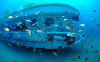Submarine surrounded by fish during Tenerife underwater tour.