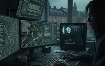 Person using multiple monitors with code and maps, Stockholm cityscape visible through window.