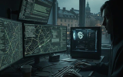 Person using multiple monitors with code and maps, Stockholm cityscape visible through window.