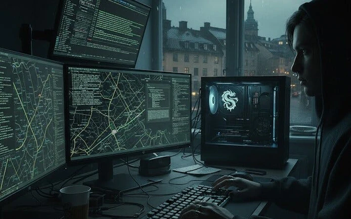 Person using multiple monitors with code and maps, Stockholm cityscape visible through window.