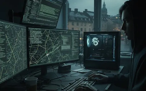 Person using multiple monitors with code and maps, Stockholm cityscape visible through window.