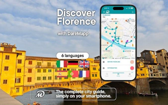 Mobile app displaying Florence walking tour map with Ponte Vecchio in background.
