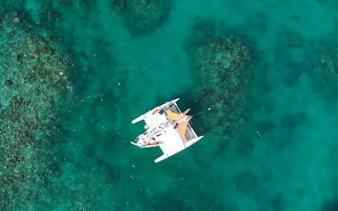 Catamaran sailing over clear waters in Punta Cana, with coral reefs visible below.