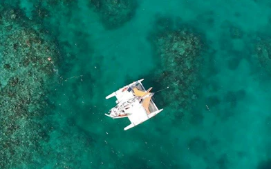 Catamaran sailing over clear waters in Punta Cana, with coral reefs visible below.