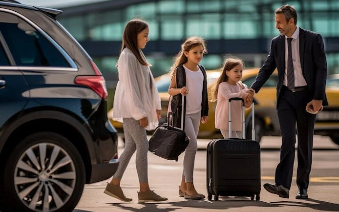 Family with luggage using private transfer service at airport, Taghazout to Marrakesh.