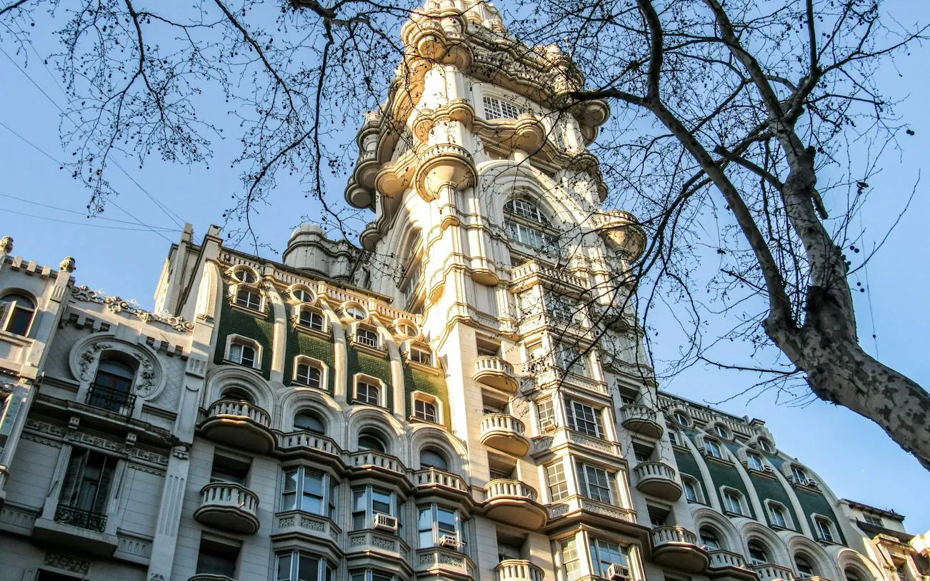 Palacio Barolo's ornate facade on Avenida de Mayo, Buenos Aires, seen during a self-guided audio tour.