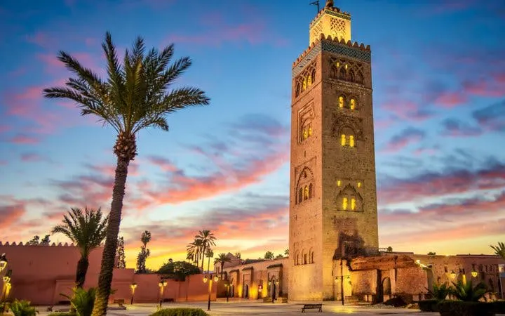 Koutoubia Mosque at sunset during Marrakech self-guided walking tour.