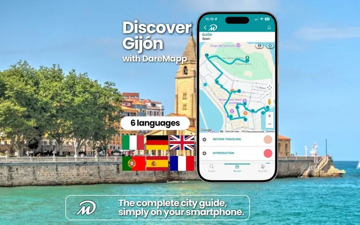 Gijón walking tour app interface with city map and coastal view.