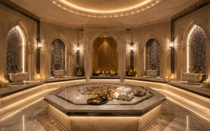 Traditional Turkish bath interior with marble seating and ornate decor at Alanya Hamam.