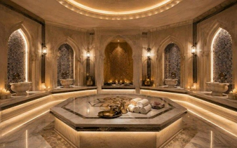 Traditional Turkish bath interior with marble seating and ornate decor at Alanya Hamam.