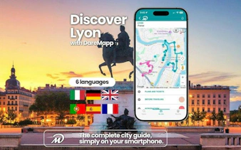 Lyon city square with equestrian statue and mobile app map for self-guided audio tour.