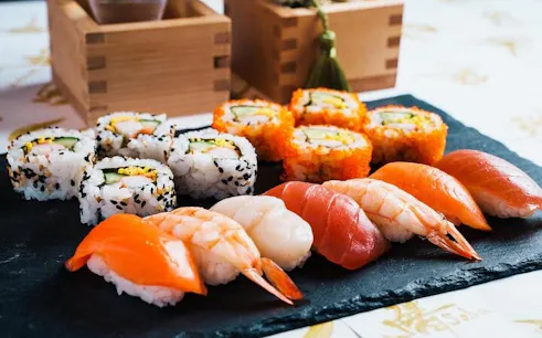 Sushi platter with nigiri and rolls from Tokyo cooking class in Asakusa.