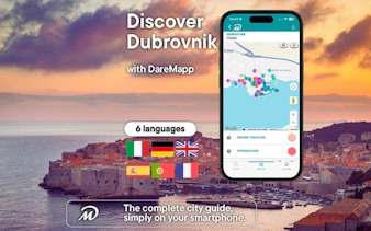Dubrovnik cityscape with mobile app interface for self-guided walking tour.