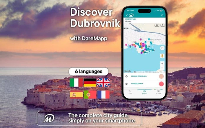Dubrovnik cityscape with mobile app interface for self-guided walking tour.