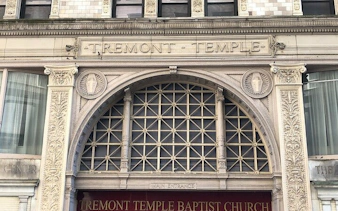 Tremont Temple Baptist Church entrance in Boston, part of self-guided city exploration game.