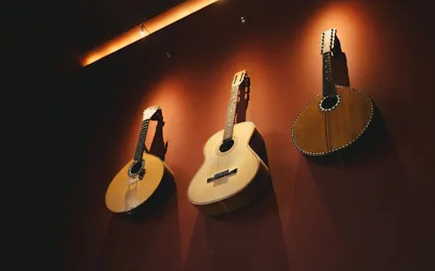 Guitars on display at Mesa de Frades Chapel, Lisbon for Portuguese dinner and Fado show.