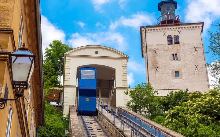 Zagreb funicular and Lotrščak Tower on self-guided walking tour route.