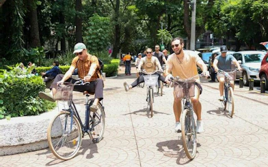Cyclists enjoying a taco tour in Mexico City park.