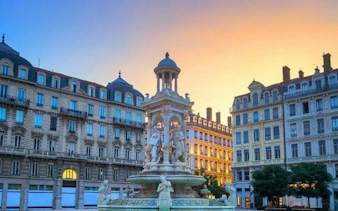 Fountain of the Place des Jacobins at sunset, Lyon Self-Guided Audio Walking Tour.