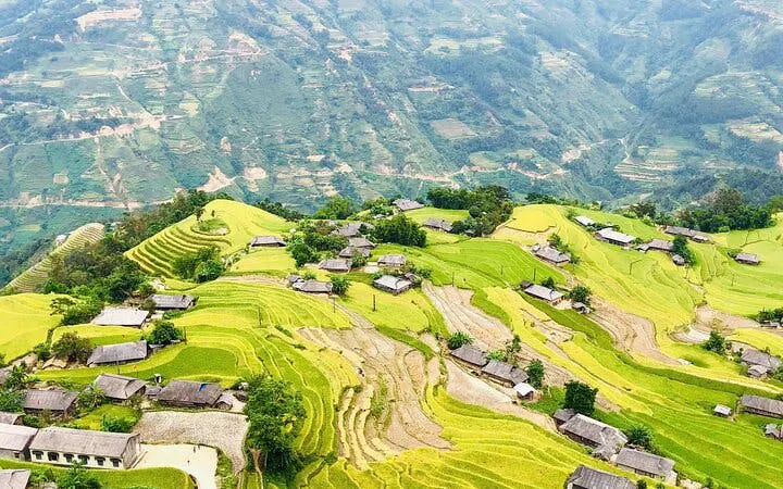 Terraced rice fields and village in Bac Ha, Vietnam, viewed from above during motorbike tour.