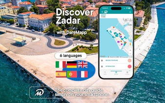 Zadar waterfront with mobile app interface for self-guided walking tour in six languages.