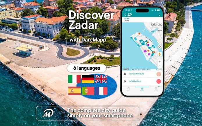 Zadar waterfront with mobile app interface for self-guided walking tour in six languages.