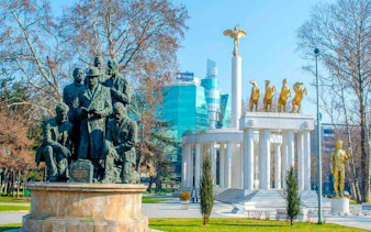 Statues and monuments in a park during Skopje self-guided walking tour.