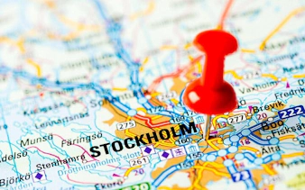 Stockholm map with red pin marking the city center.