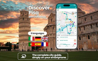 Leaning Tower of Pisa with self-guided audio tour map on smartphone screen.