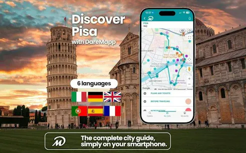 Leaning Tower of Pisa with self-guided audio tour map on smartphone screen.