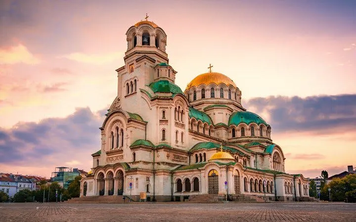 Alexander Nevsky Cathedral in Sofia during sunset on self-guided walking tour.