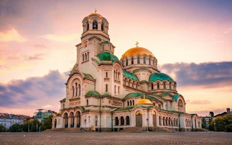 Alexander Nevsky Cathedral in Sofia during sunset on self-guided walking tour.