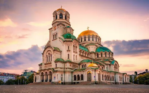 Alexander Nevsky Cathedral in Sofia during sunset on self-guided walking tour.