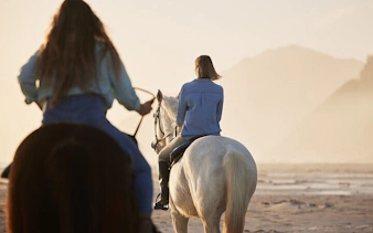 Horseback riding along the beach at sunset in Hurghada, Egypt.