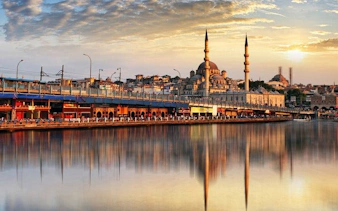 Galata Bridge and mosque at sunset, Istanbul self-guided walking tour.