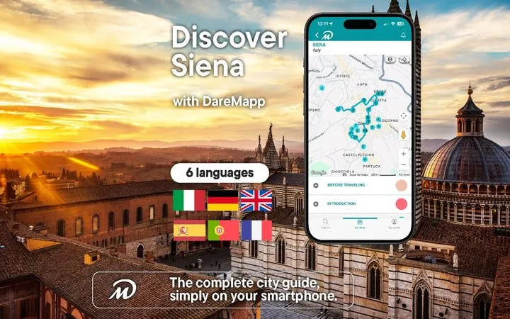 Siena cityscape with mobile app interface for self-guided walking tour.