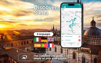 Siena cityscape with mobile app interface for self-guided walking tour.