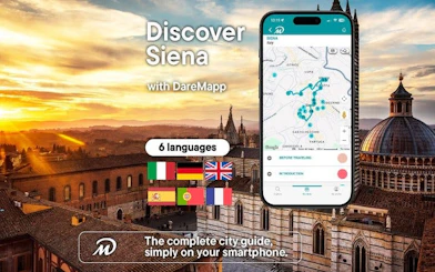 Siena cityscape with mobile app interface for self-guided walking tour.