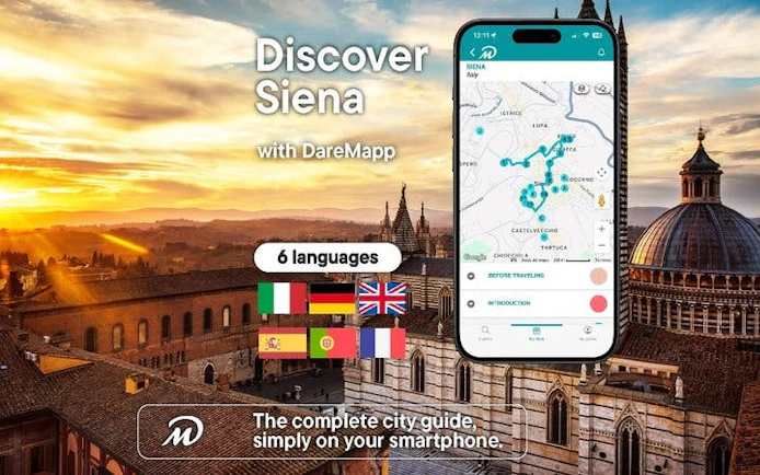 Siena cityscape with mobile app interface for self-guided walking tour.