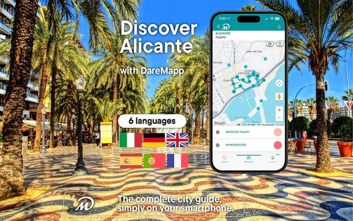 Alicante walking tour app with map and language options displayed on a smartphone.