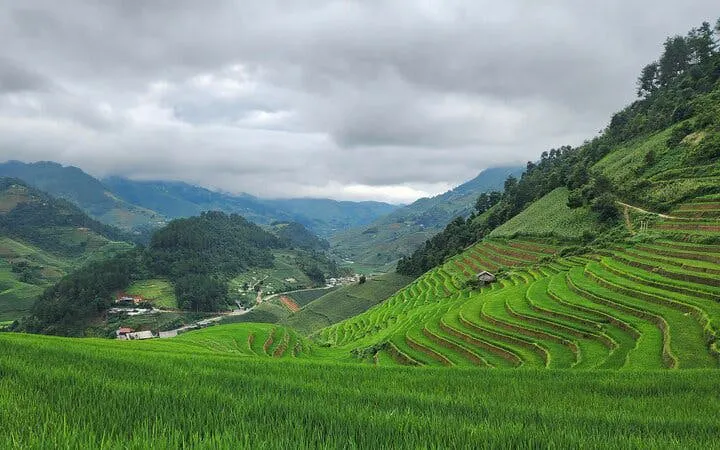 Terraced rice fields in Mu Cang Chai, Vietnam, with distant ethnic villages and lush landscapes.