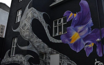 Reykjavik mural with purple flower and abstract design on building wall.