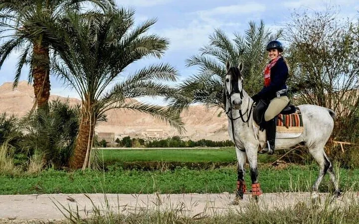 Horseback rider in Palmeraie Grove, Marrakesh, with palm trees and desert landscape in the background.