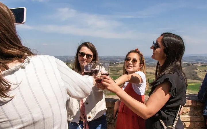 Group enjoying wine tasting with scenic Tuscan vineyard view on Pisa, Vinci, and Tuscan Winery tour.