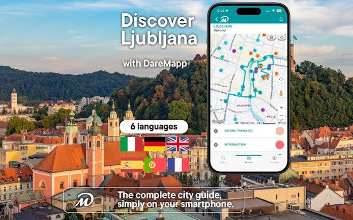 Ljubljana cityscape with mobile app map for self-guided walking tour