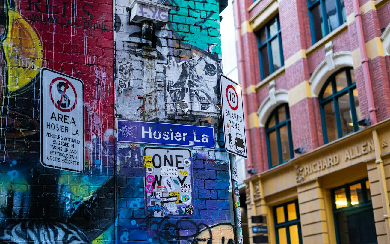 Hosier Lane graffiti and street signs in Melbourne's laneways.